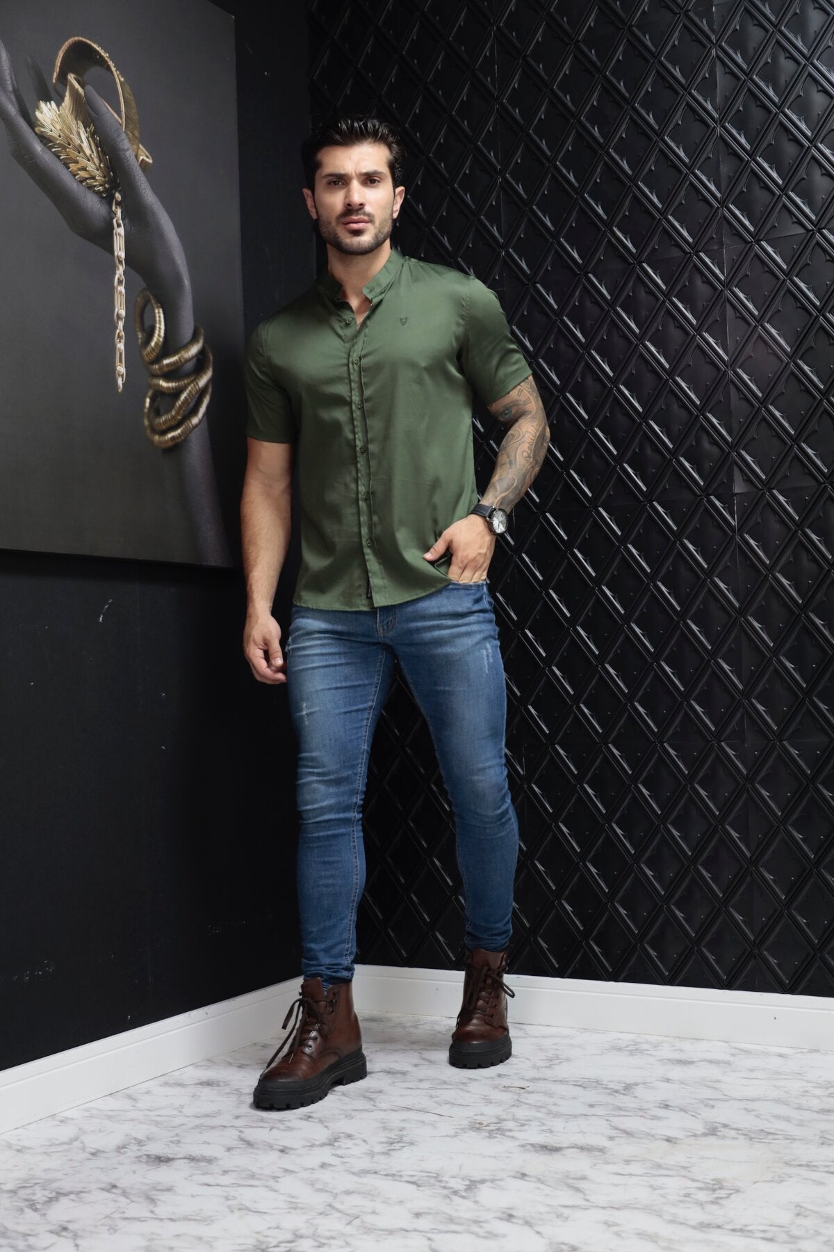 Camisa Manga Curta Social Gola Padre Verde Algodão Egípcio