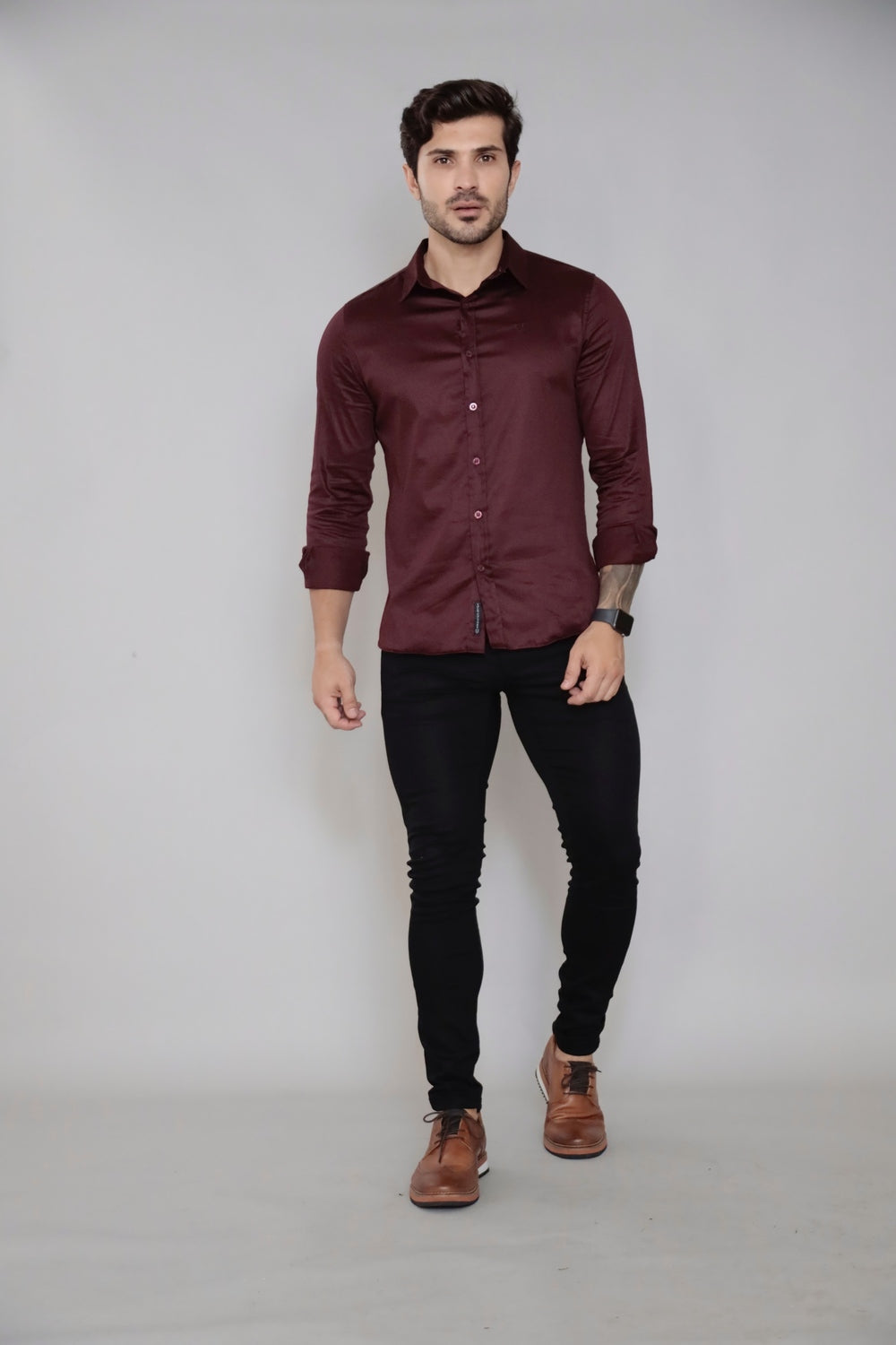 Camisa Manga Longa Social Gola Italiana Vinho Algodão Egípcio