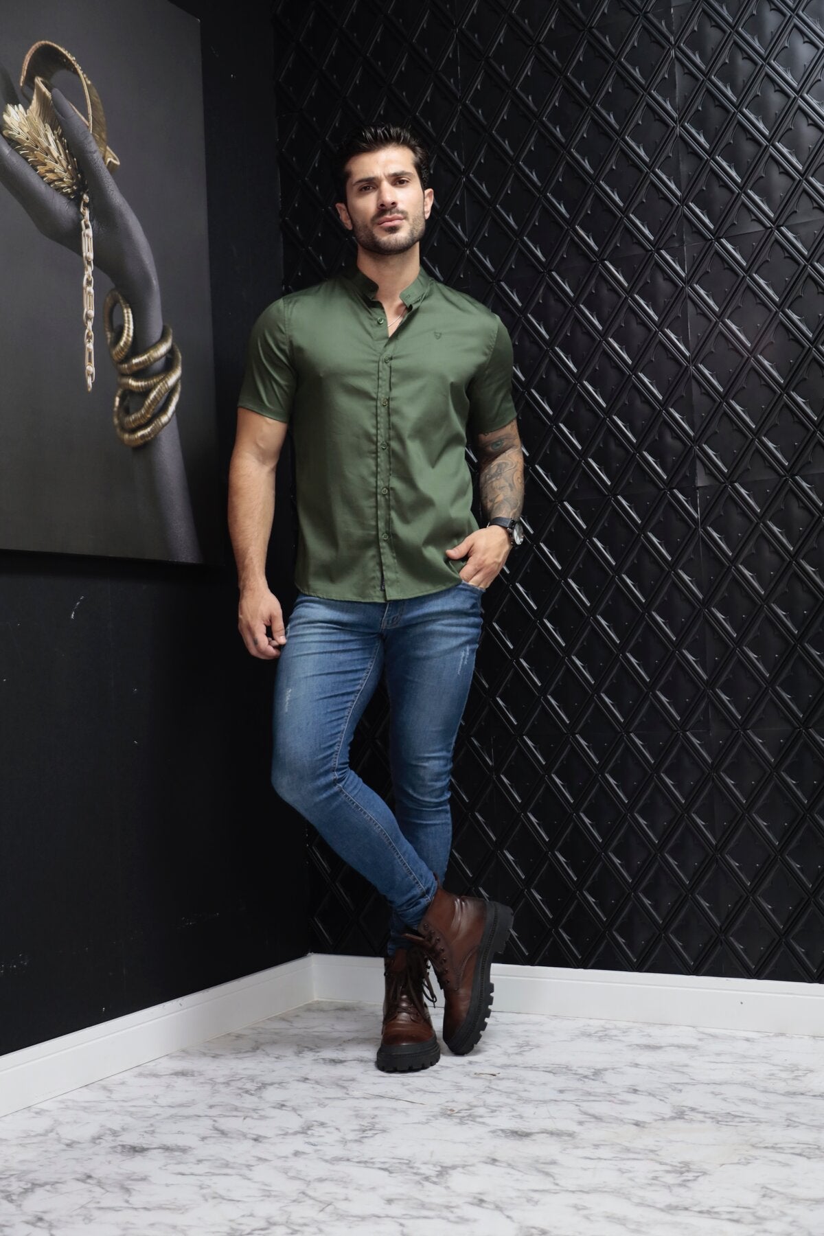 Camisa Manga Curta Social Gola Padre Verde Algodão Egípcio