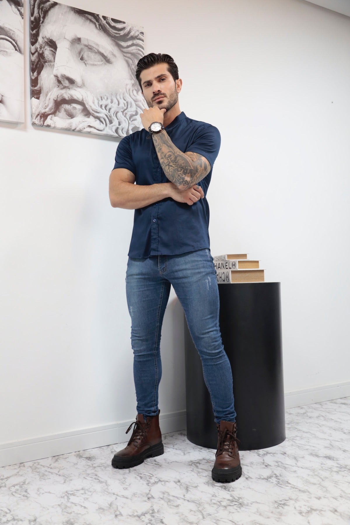 Camisa Manga Curta Social Gola Padre Azul Algodão Egípcio