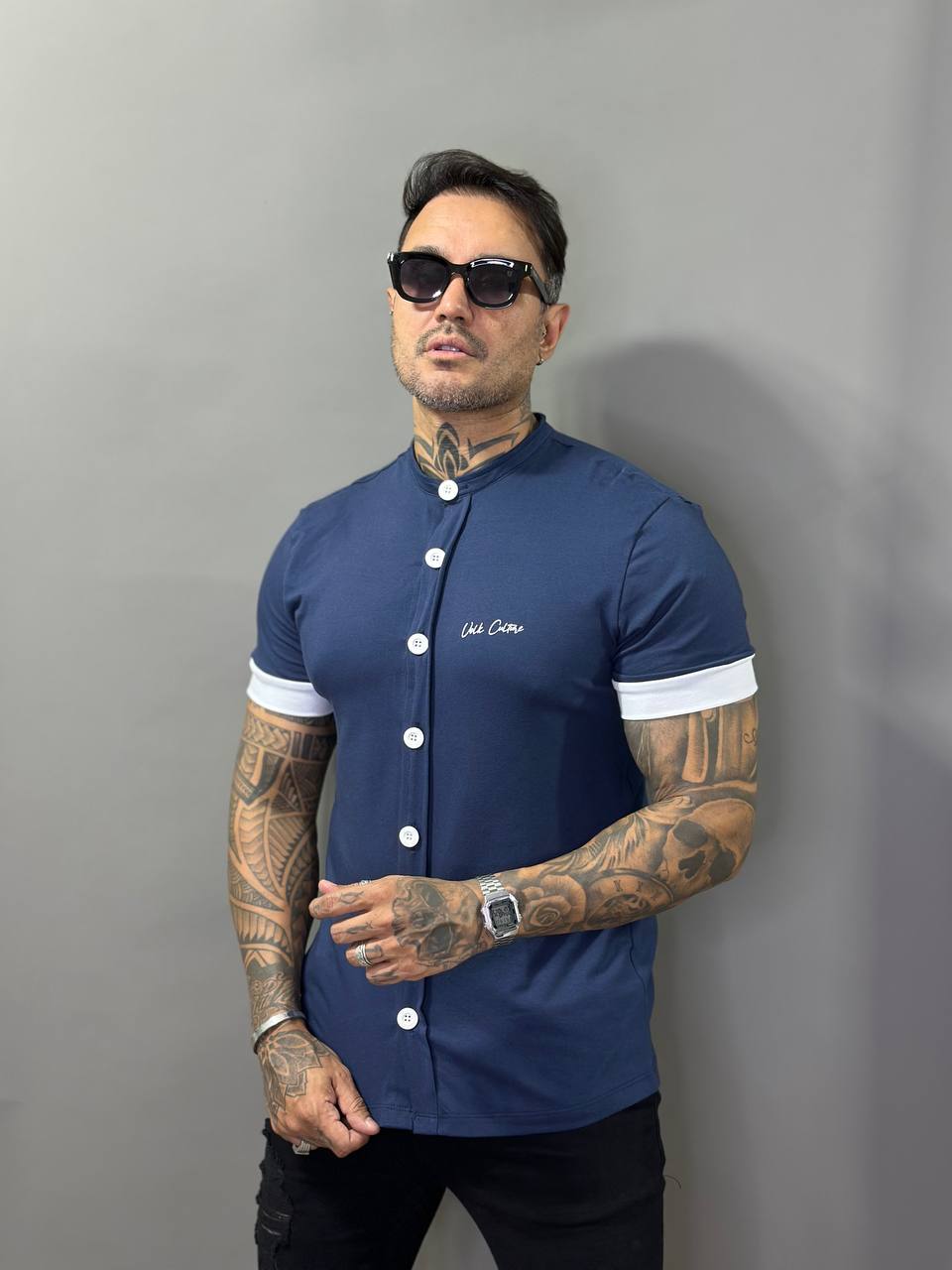 Camisa Madrid Azul Botões Frontais Cotton