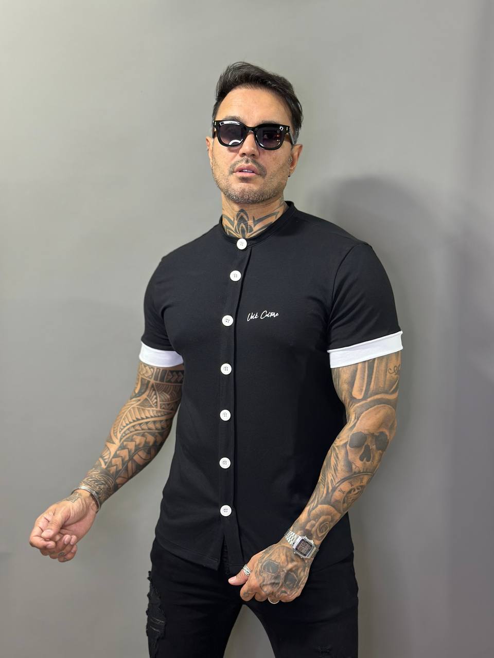 Camisa Madrid Preta Botões Frontais Cotton