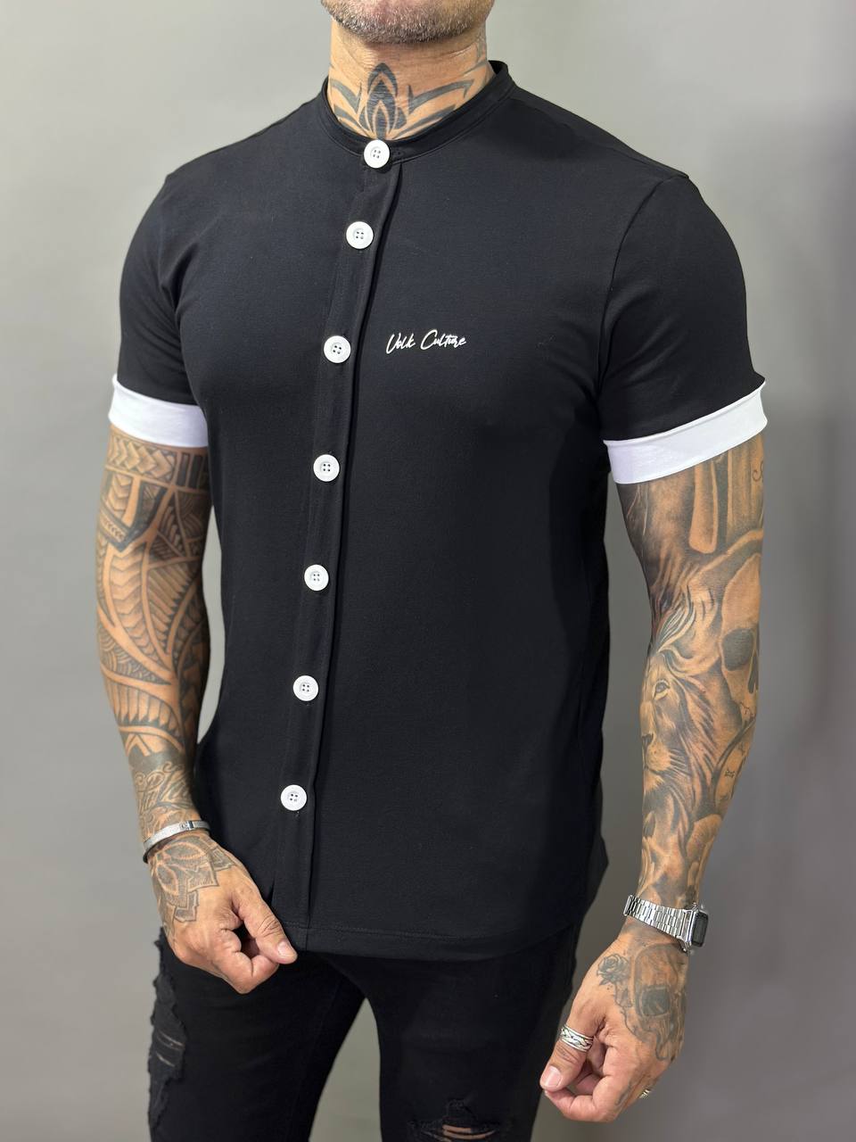 Camisa Madrid Preta Botões Frontais Cotton